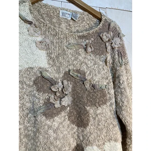Vintage Bonnie & Bill Sweater Women Small Beige Floral Applique Pullover Cottage - Picture 2 of 10